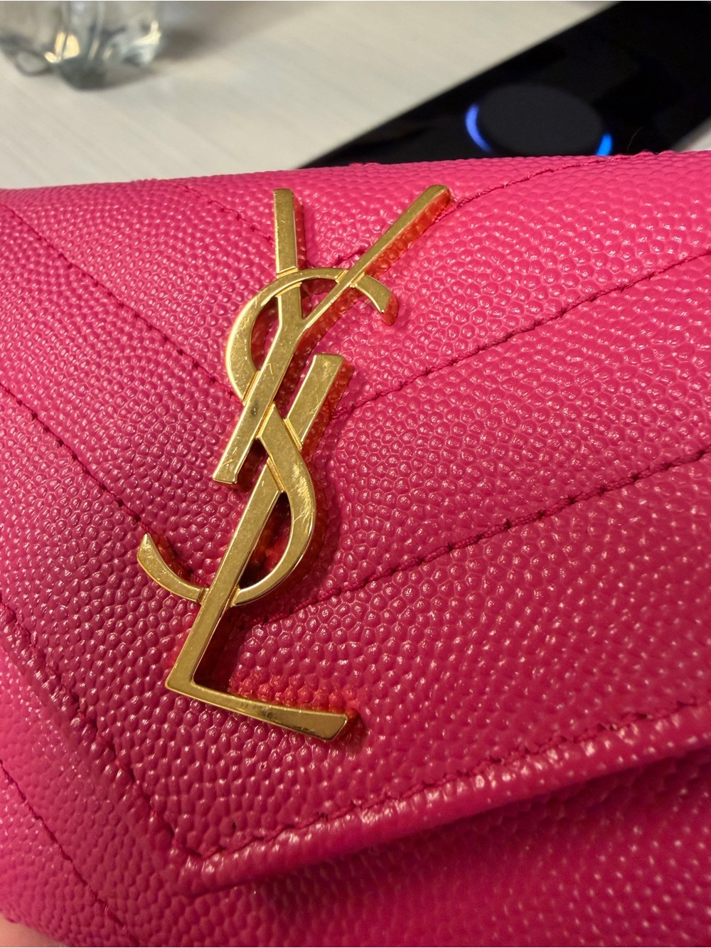 Saint Laurent Fuchsia Chevron Quilted Wallet with Gold YSL Emblem - Picture 10 of 10
